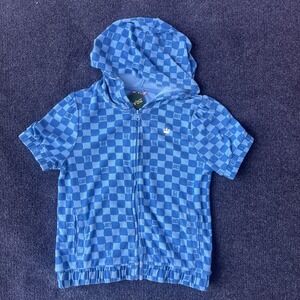 Juicy Couture Hoodie Womens XL Blue Checkerboard Short Sleeve Zip Up Crown Logo